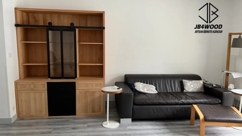 Buffet style industriel hêtre massif porte vitrée coulissante — JB4WOOD ébéniste agenceur Auvergne