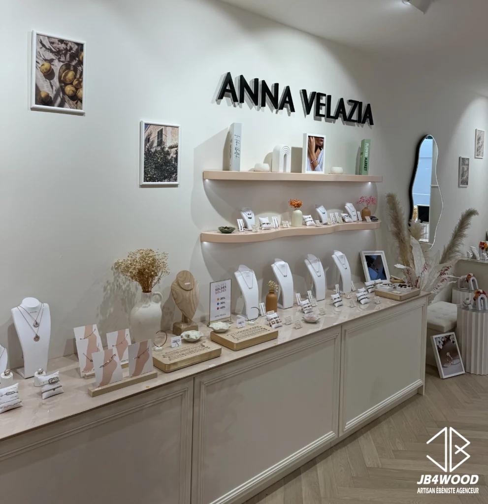 Meubles étagères usinage CNC LED incrustée bijouterie — JB4WOOD ébéniste agenceur Auvergne