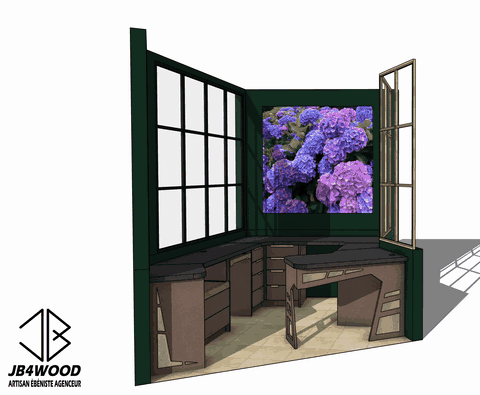 Plan 3D d'un aménagement de bureau sur mesure.