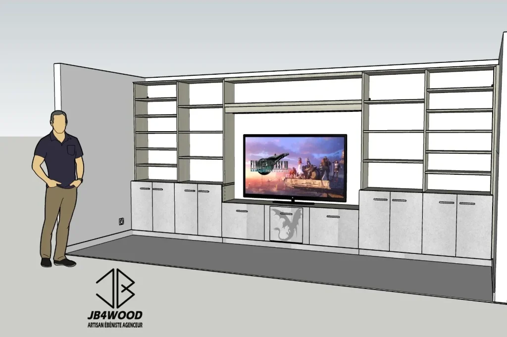 Plan 3d bibliotheque meuble tele en bois — JB4WOOD