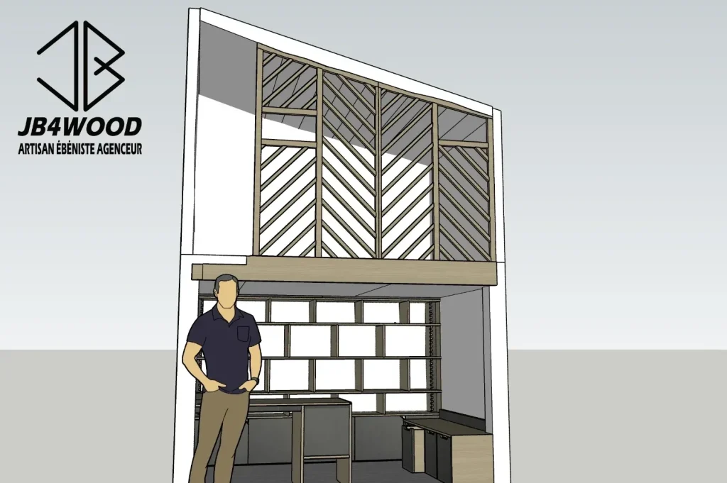 Plan 3d garde corps bibliotheque en bois — JB4WOOD