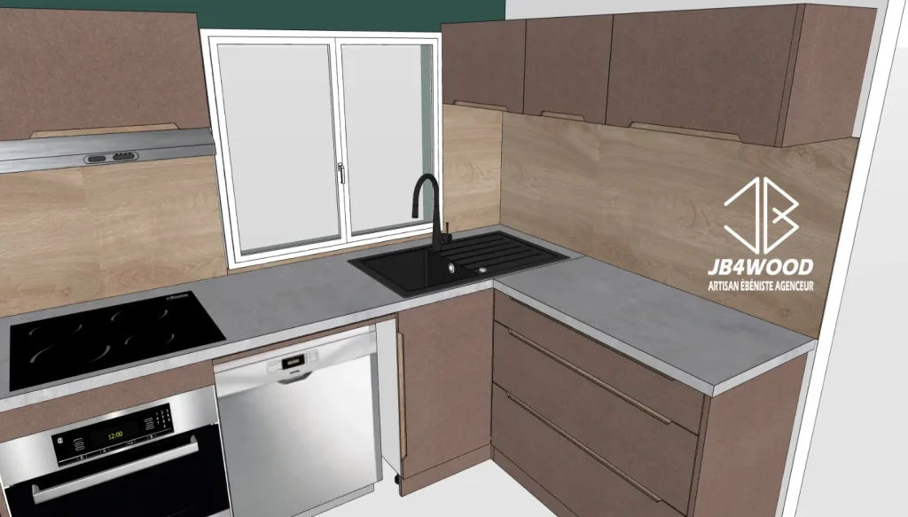 Plan 3D Renovation de Cuisine Prestige — Cuisine sur mesure JB4WOOD ébéniste agenceur Auvergne